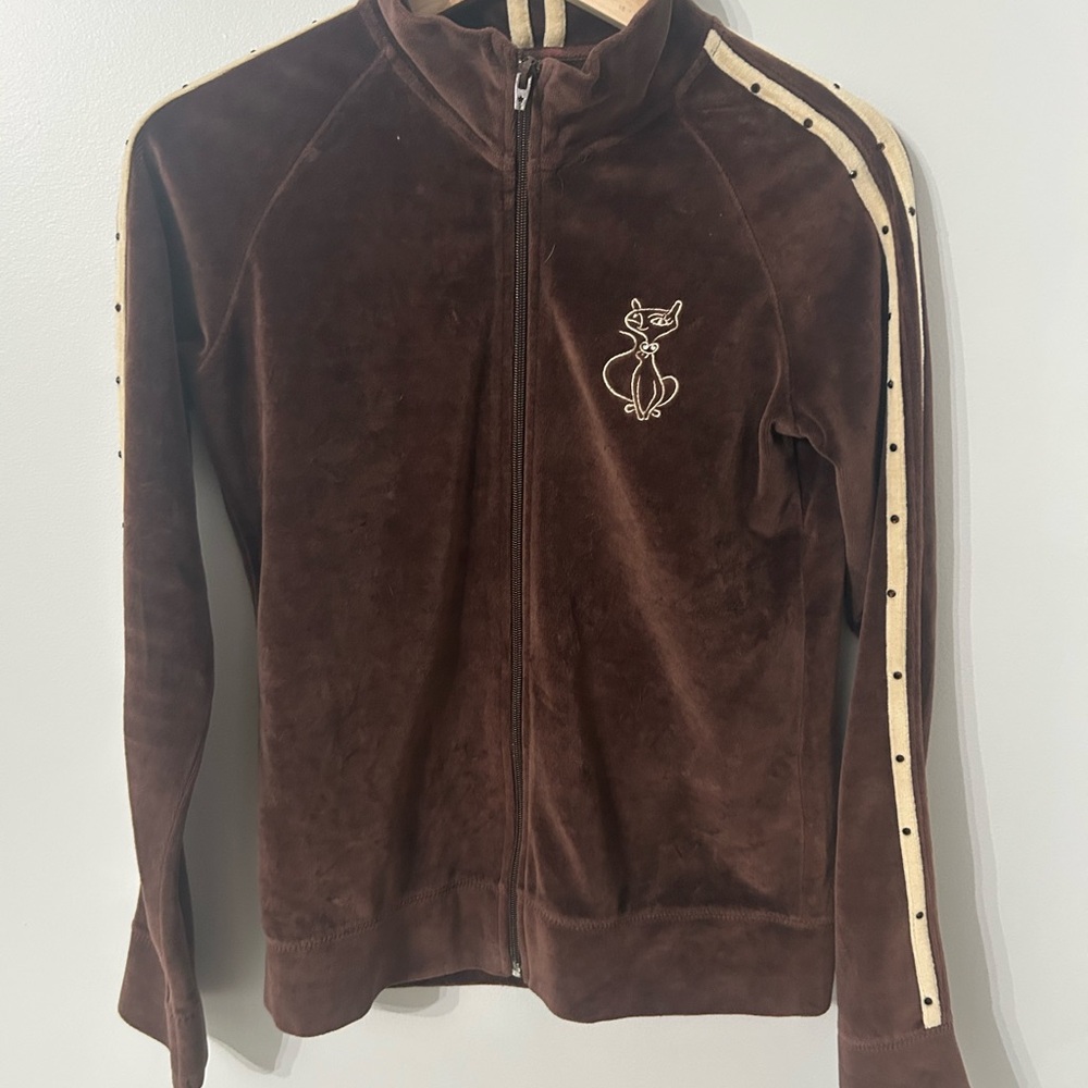 Brown Velour Jacket with Cat Embroidery